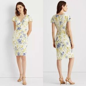 LAUREN RALPH LAUREN Floral Spring Jersey Surplice Top Wrap Style Jersey Dress